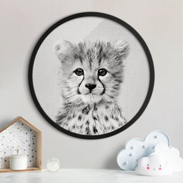 Circular framed print - Baby Cheetah Gino Black And White