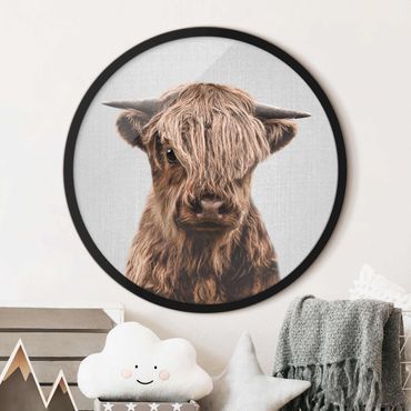 Circular framed print - Baby Highland Cow Henri