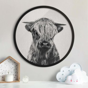 Circular framed print - Baby Highland Cow Henri Black And White