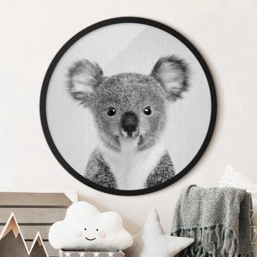 Circular framed print - Baby Koala Klara Black And White