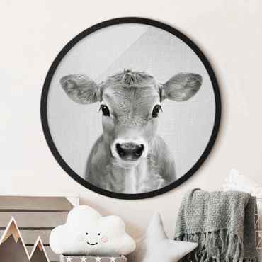 Circular framed print - Baby Cow Kira Black And White