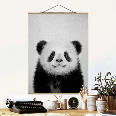 Fabric print with poster hangers - Baby Panda Prian Black And White - Portrait format 3:4