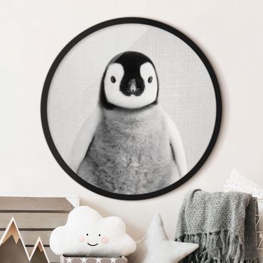 Circular framed print - Baby Penguin Pepe Black And White