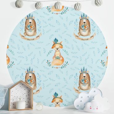 Self-adhesive round wallpaper kids - Bears And Foxes In Front Of Blue