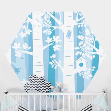 Self-adhesive hexagonal pattern wallpaper - Trees In The Forest Blue