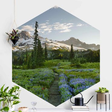 Self-adhesive hexagonal pattern wallpaper - Mountain View Meadow Path