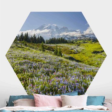 Self-adhesive hexagonal wall mural - Mountain Meadow With Red Flowers in Front of Mt. Rainier