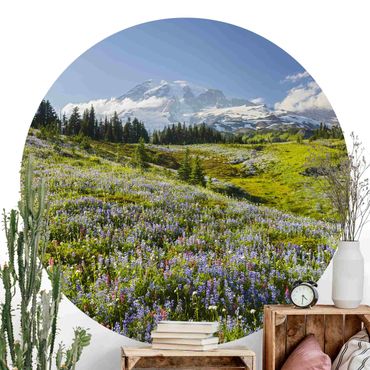 Self-adhesive round wallpaper - Mountain Meadow With Red Flowers in Front of Mt. Rainier
