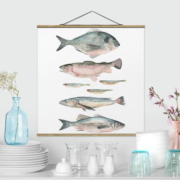 Fabric print with poster hangers - Seven Fish In Watercolour II