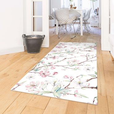 Vinyl Floor Mat - Watercolour Branches Of Apple Blossom In Light Pink And White - Portrait Format 1:2