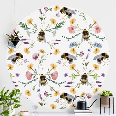 Self-adhesive round wallpaper - Bees With Flowers