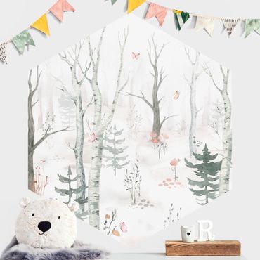 Self-adhesive hexagonal pattern wallpaper - Birch forest with poppies