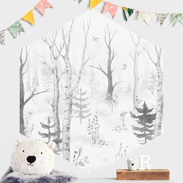 Self-adhesive hexagonal pattern wallpaper - Birch forest with poppies black white