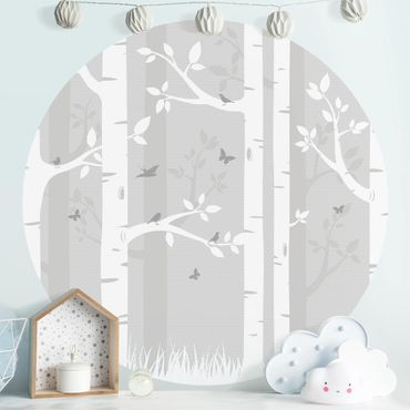 Self-adhesive round wallpaper kids - Birch Forest With Butterflies And Birds