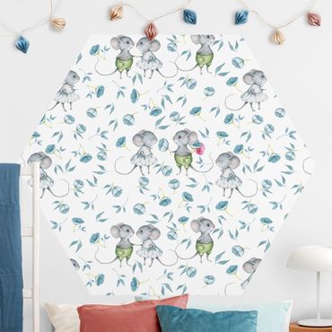 Self-adhesive hexagonal pattern wallpaper - Blue Flowers With Mice