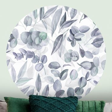 Self-adhesive round wallpaper - Blue Watercolour Eucalyptus Leaves