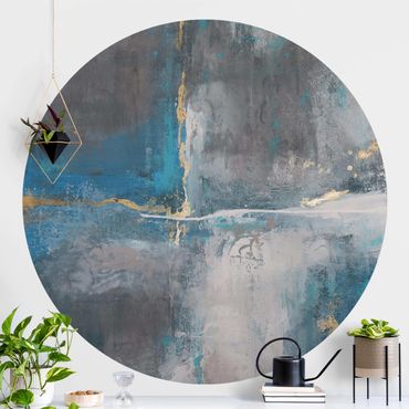 Self-adhesive round wallpaper - Blue Structure With Golden Accents