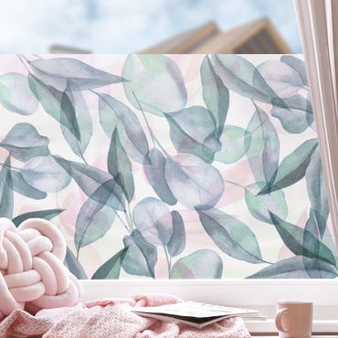 Window decoration - Blue And Pink Eucalyptus Leaves Watercolour