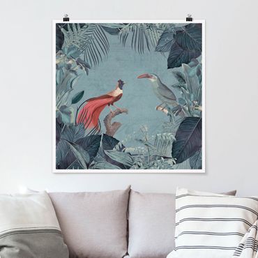 Poster - Blue Gray Paradise With Tropical Birds