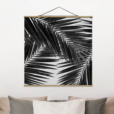 Fabric print with poster hangers - View Through Palm Leaves Black And White - Square 1:1