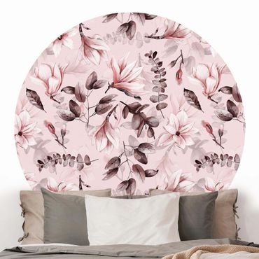 Self-adhesive round wallpaper - Blossoms With Grey Leaves In Front Of Pink