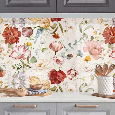 Kitchen wall cladding - Flowers Watercolour Vintage Pattern on Beige