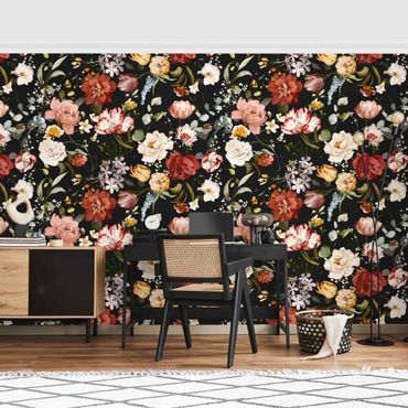 Wallpaper - Flowers Watercolour Vintage Pattern on Black