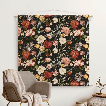 Tapestry - Flowers Watercolour Vintage Pattern on Black