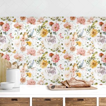 Kitchen wall cladding - Flowers and Birds Watercolour Pattern