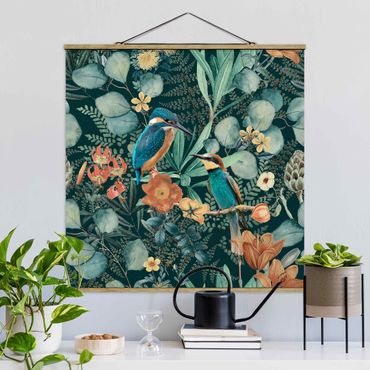 Fabric print with poster hangers - Floral Paradise Kingfisher And Hummingbird - Square 1:1
