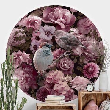 Self-adhesive round wallpaper - Floral Paradise Sparrow In Antique Pink