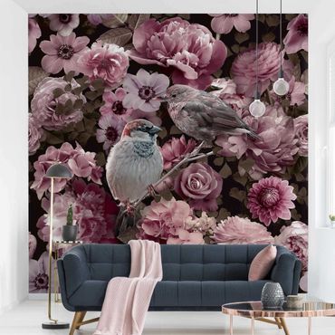 Walpaper - Floral Paradise Sparrow In Antique Pink