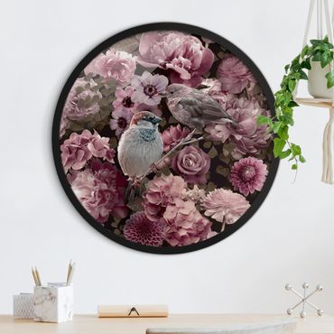 Circular framed print - Floral Paradise Sparrow In Antique Pink