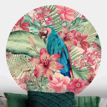 Self-adhesive round wallpaper - Floral Paradise Tropical Parrot