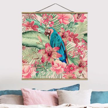 Fabric print with poster hangers - Floral Paradise Tropical Parrot - Square 1:1