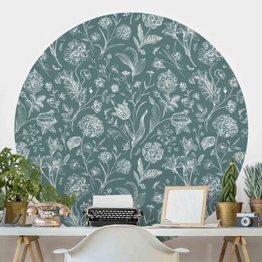 Self-adhesive round wallpaper - Flower Dance On Blue Grey