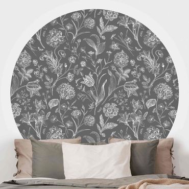 Self-adhesive round wallpaper - Flower Dance On Grey