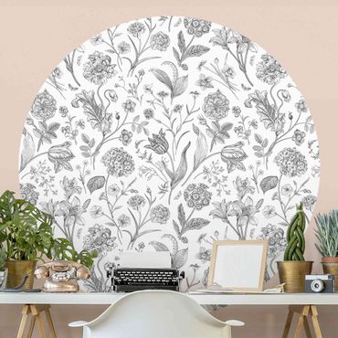 Self-adhesive round wallpaper - Flower Dance In Grey
