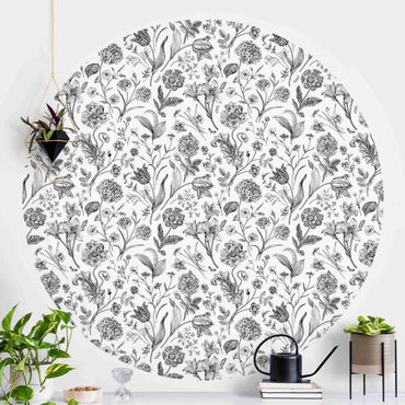 Self-adhesive round wallpaper - Flower Dance In Black