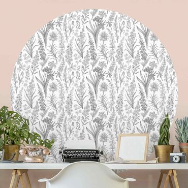 Self-adhesive round wallpaper - Flower Waves In Grey