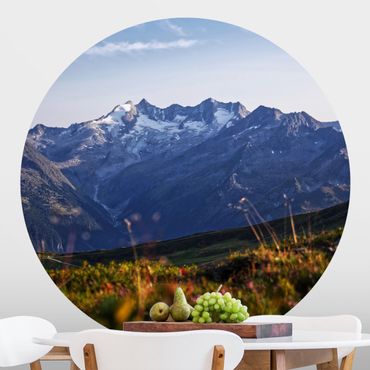 Self-adhesive round wallpaper - Flowering Meadow In The Mountains