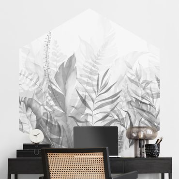 Self-adhesive hexagonal wall mural - Botany - Tropical Leaves Grey