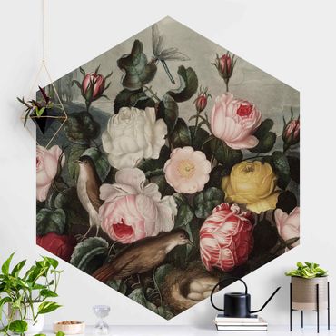 Self-adhesive hexagonal pattern wallpaper - Botany Vintage Illustration Of Roses