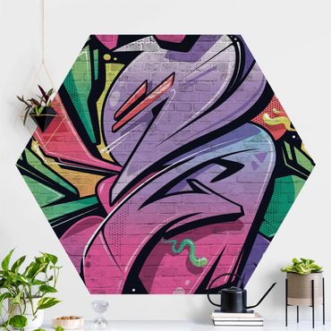 Self-adhesive hexagonal wall mural - Colourful Graffiti Brick Wall