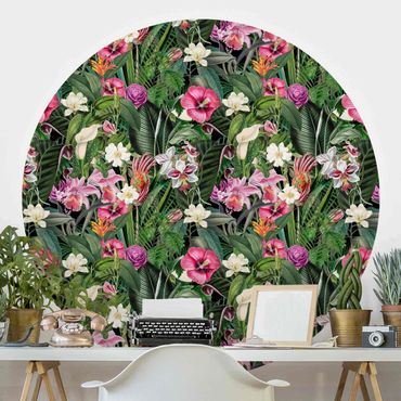 Self-adhesive round wallpaper - Colourful Tropical Flowers Collage