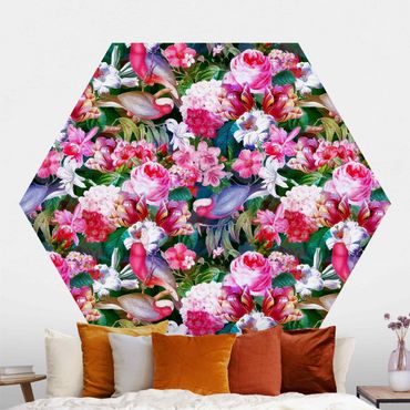 Self-adhesive hexagonal pattern wallpaper - Colourful Tropical Flowers With Birds Pink