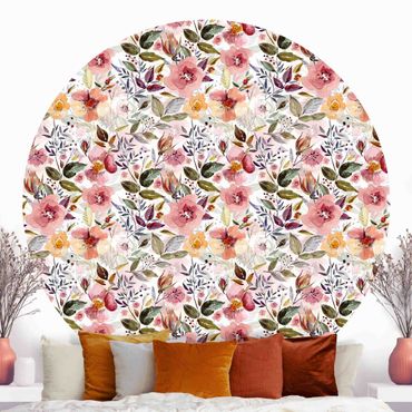 Self-adhesive round wallpaper - Colourful Flower Mix With Watercolour