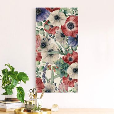 Natural canvas print - Colourful Poppy Watercolour - Portrait format 1:2