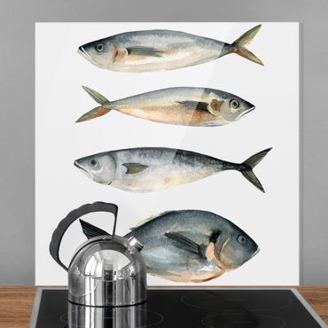 Glass Splashback - Four Fish In Watercolor I - Square 1:1