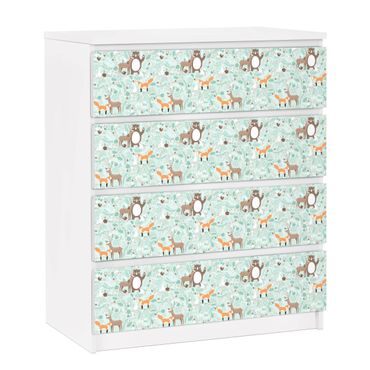 Adhesive film for furniture IKEA - Malm chest of 4x drawers - Kids Pattern Forest Friends With Forest Animals
